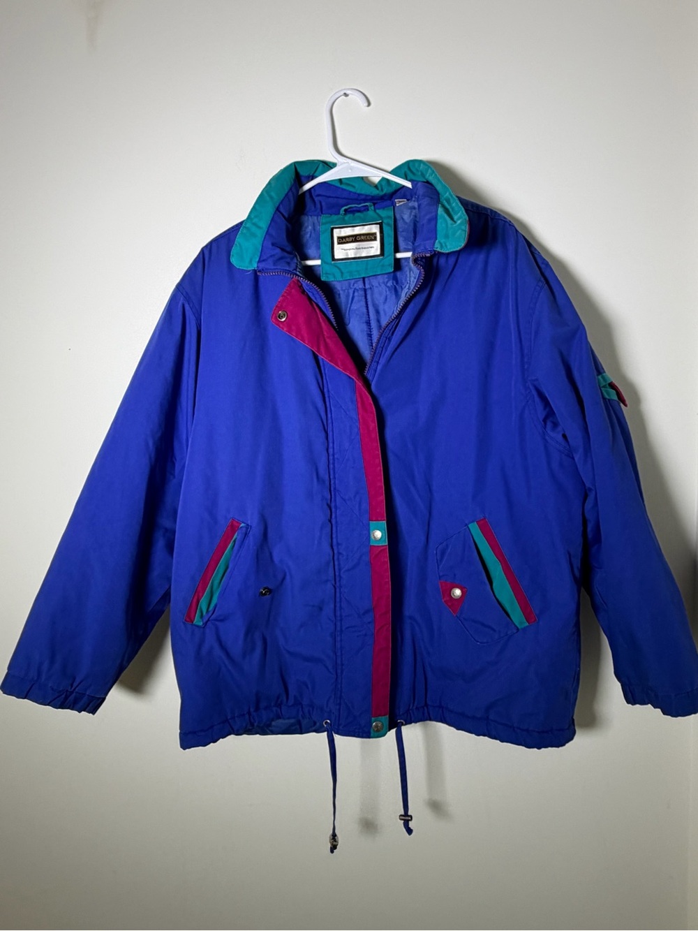 Vintage Darby Green Men’s Large Blue Ski Jacket with Teal & Magenta Trim